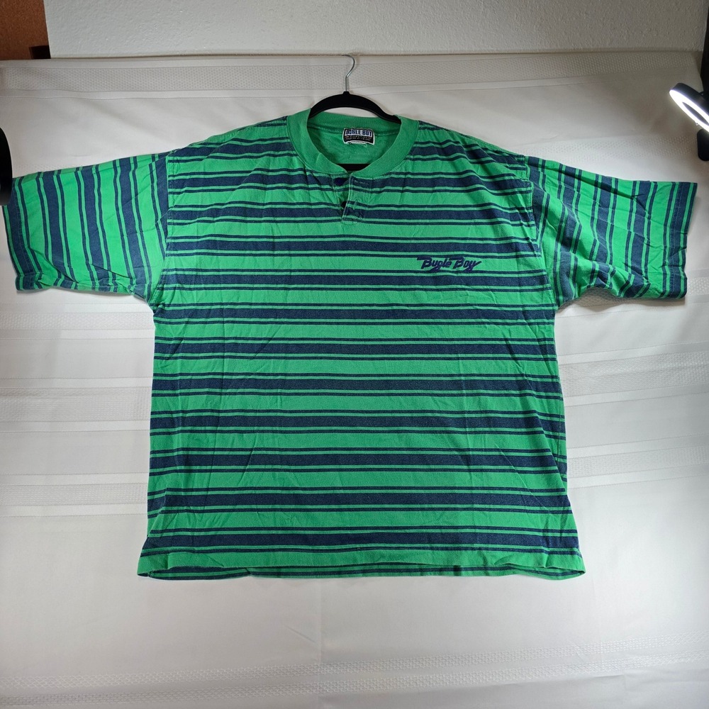 Vintage Bugle Boy green and navy striped short-sleeve‎ polo shirt